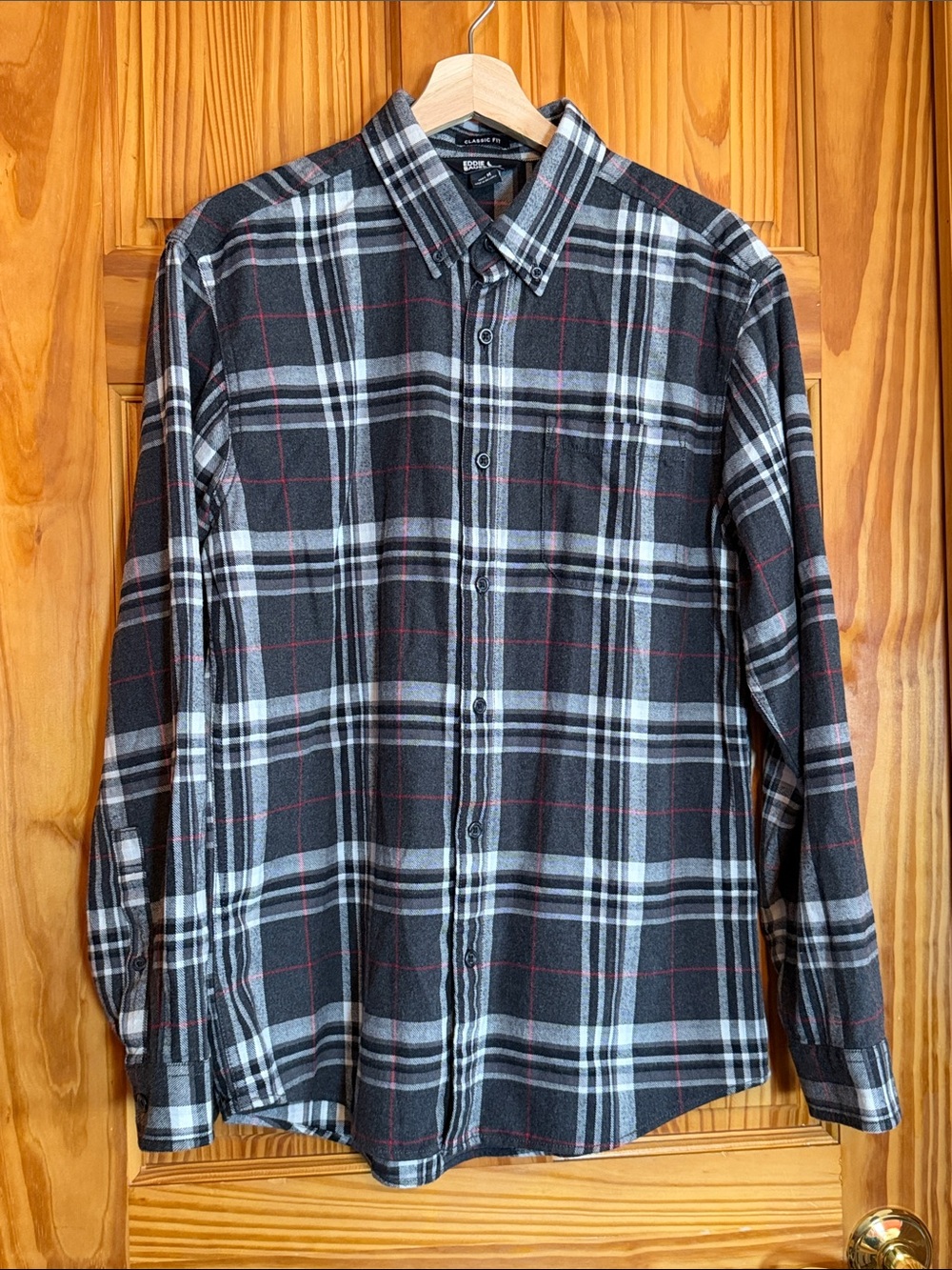 Eddie Bauer Black and White Plaid Button-Down Shirt with Red Lines